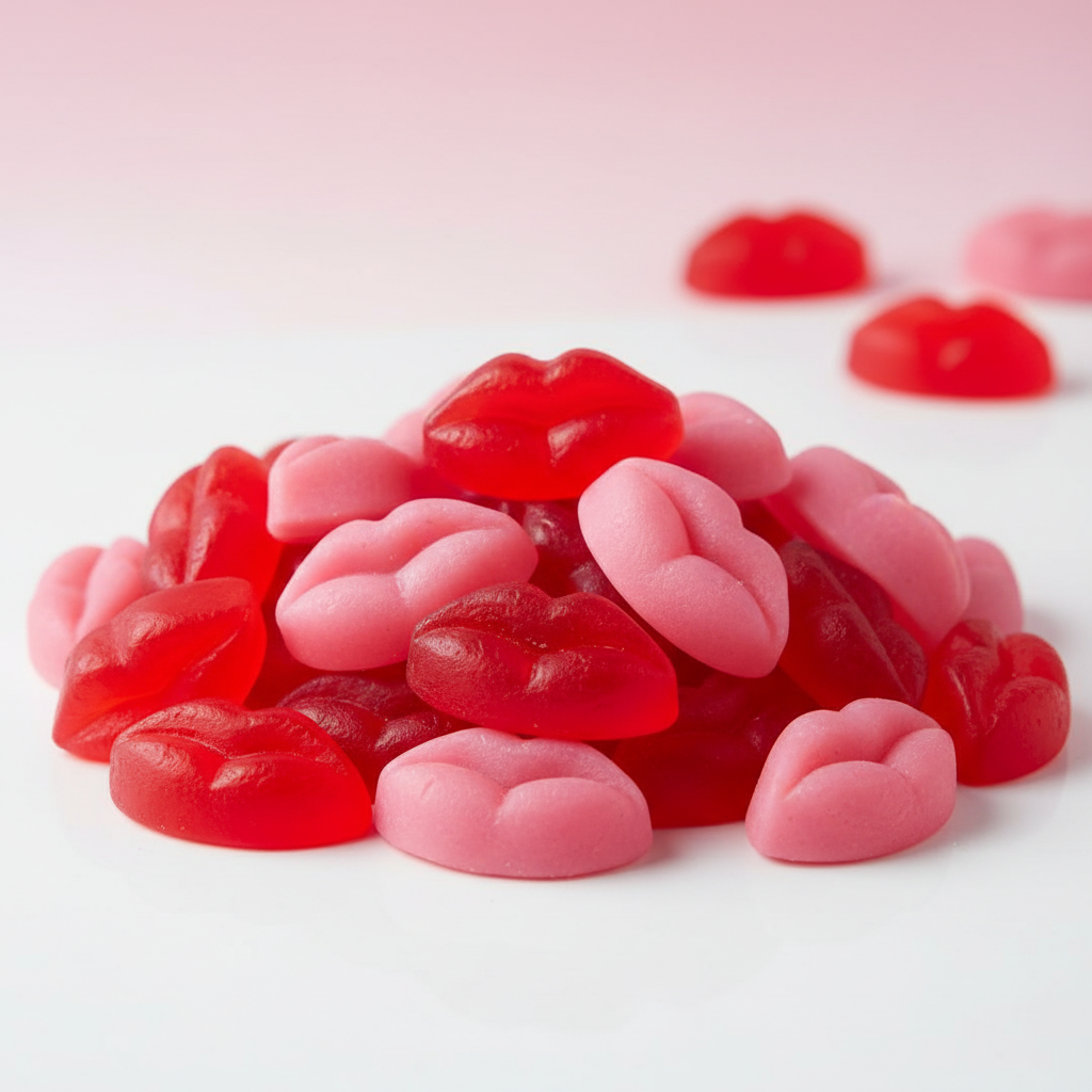 Pink and red lip-shaped gummies