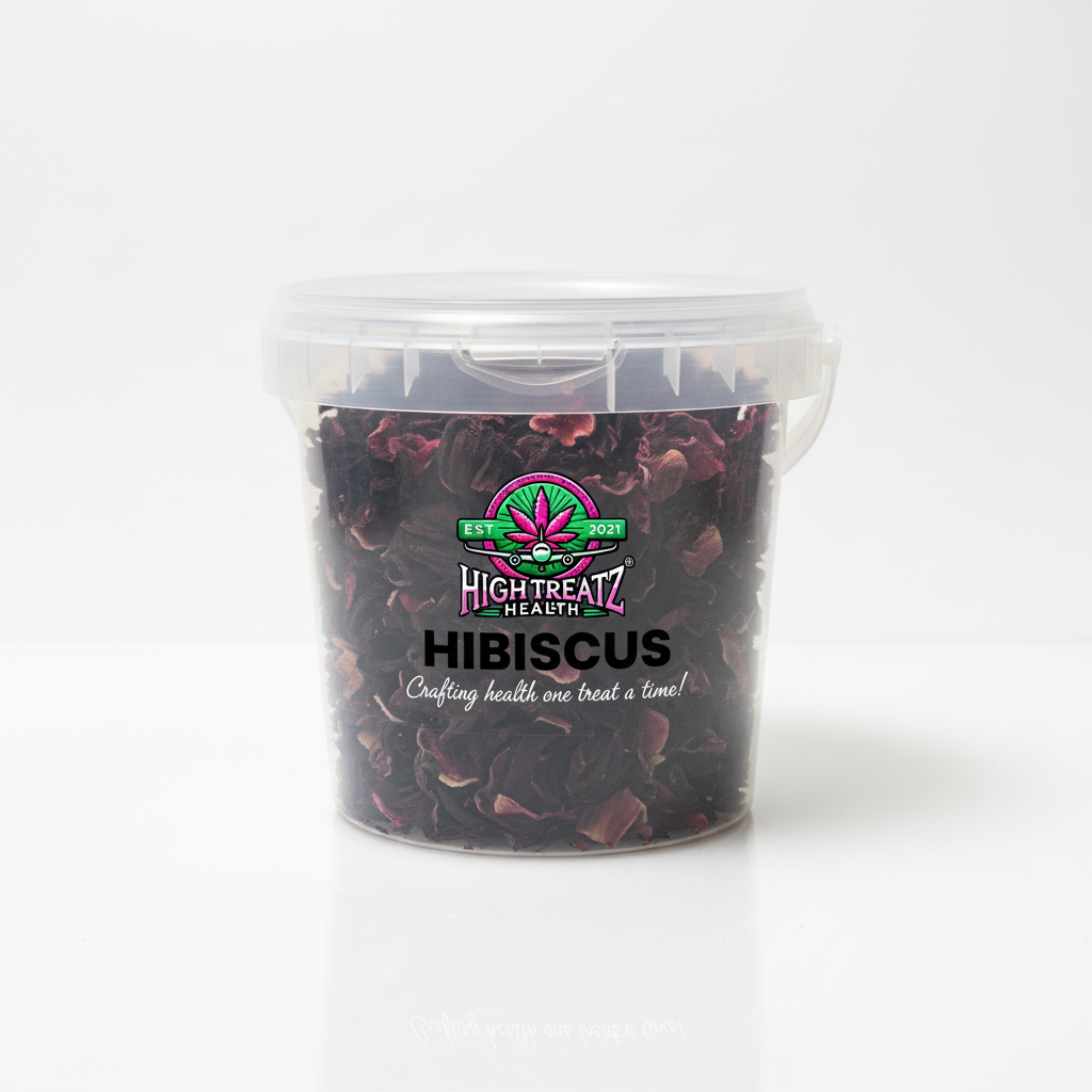 Product with logo, Hibiscus text and slogan